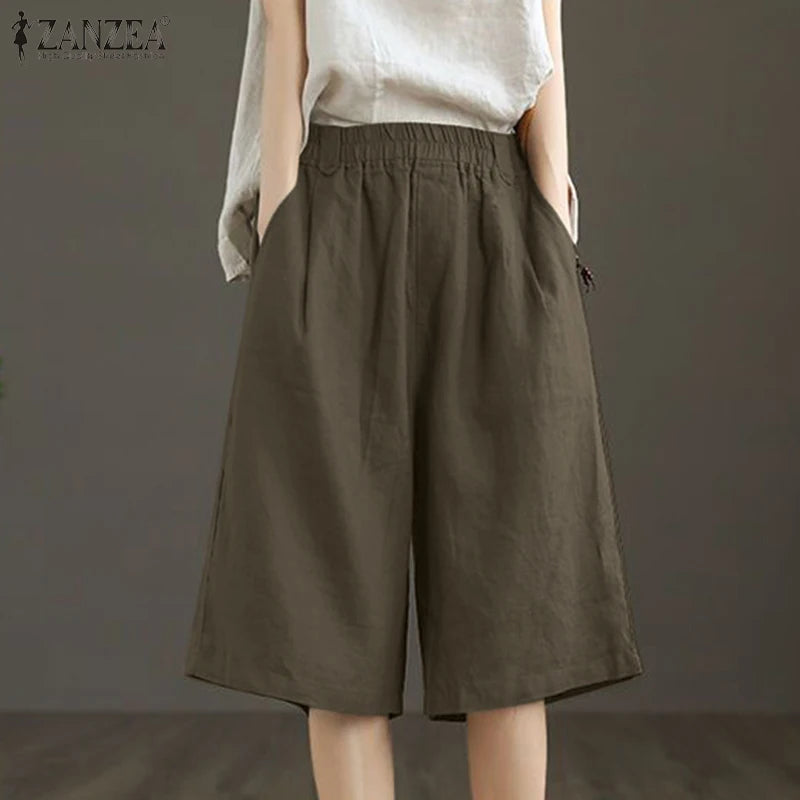 ZANZEA Woman Casual Mid-Length Shorts Elastic High Waist Loose Solid Wide Leg Pants 2025 Summer Holiday Comfort Weekend Shorts