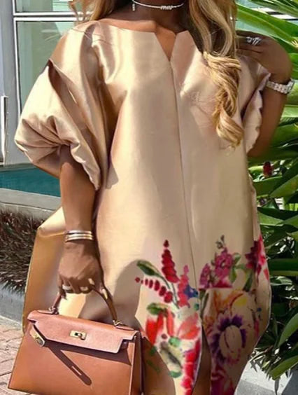 Beautyblue Plus Size Women's Clothing Robe De Soiree Femmes Elegant Floral Printed Boat Neck Puff Sleeves Oversized Maxi Dress