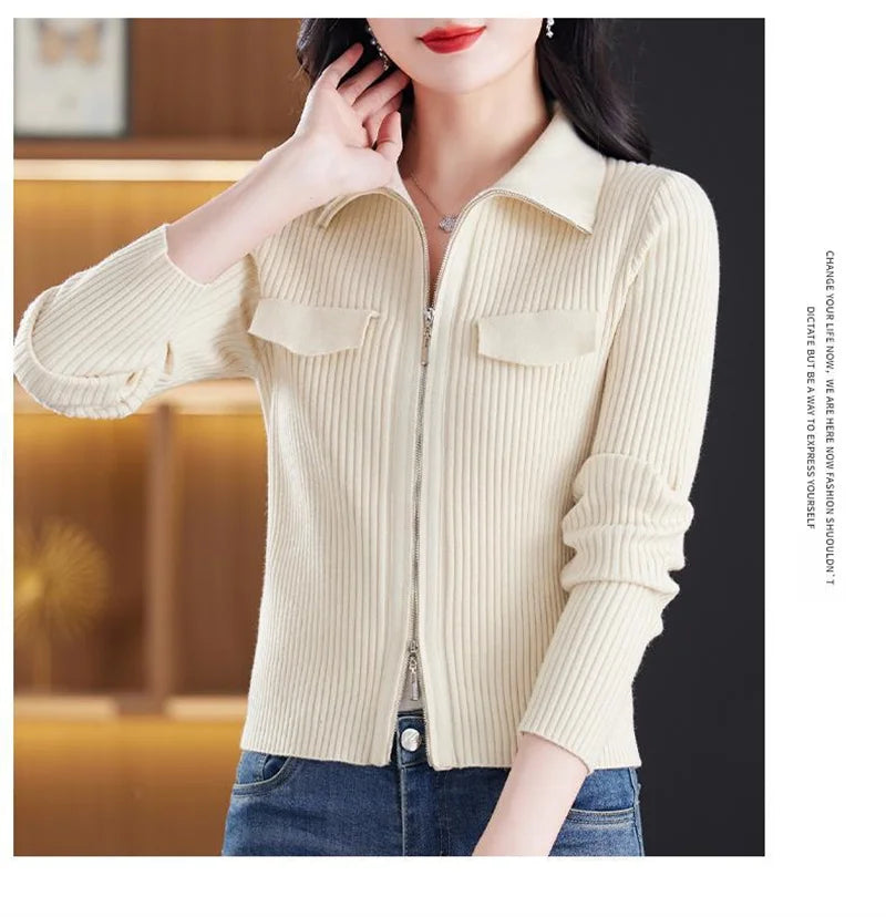 Fashion Zipper Short Knitted Cardigan Sweater 2025 Spring Autumn New Korean Versatile Coat Top Turn-Down Col Sweater Solid Color