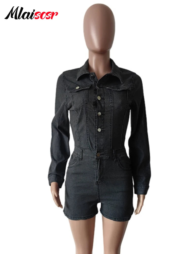 Mlaiscsr Vintage High Street Elastic Wash Women Playsuit Lapel Single-Breasted Full Sleeve One Pieces Shorts Rompers Nightclub