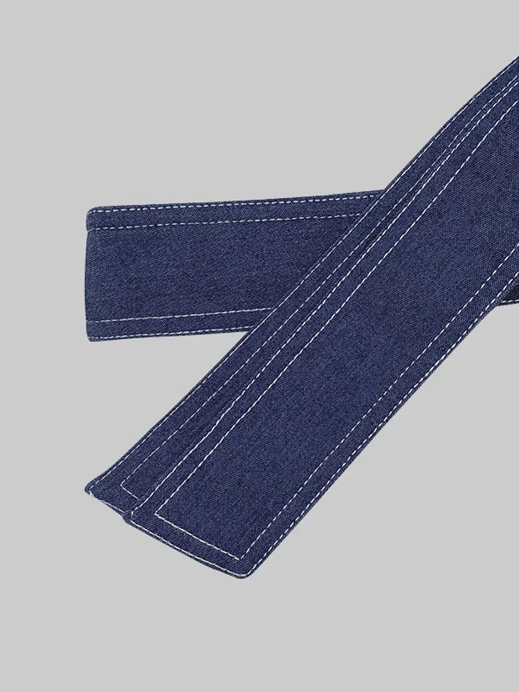 Beautyblue Women Fashion High Neck Imitation Denim Shirts Puff Sleeves Blouses Summer New Casual Solid Color Bow Tie Tops Female