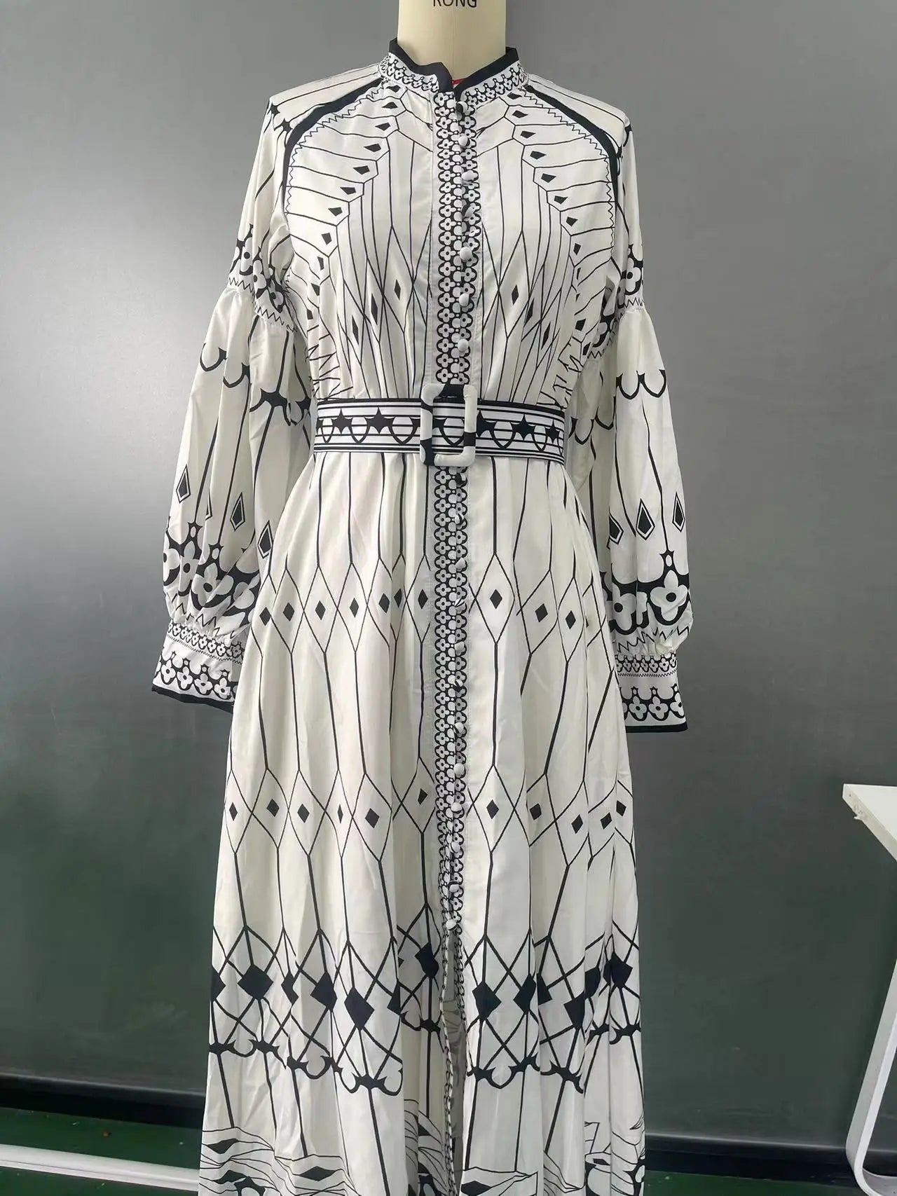 2025 Spring Women Vintage Long Dress Print Sashes Lantern Long sleeve Dresses Female Summer Elegant Fashion Office Lady Clothes