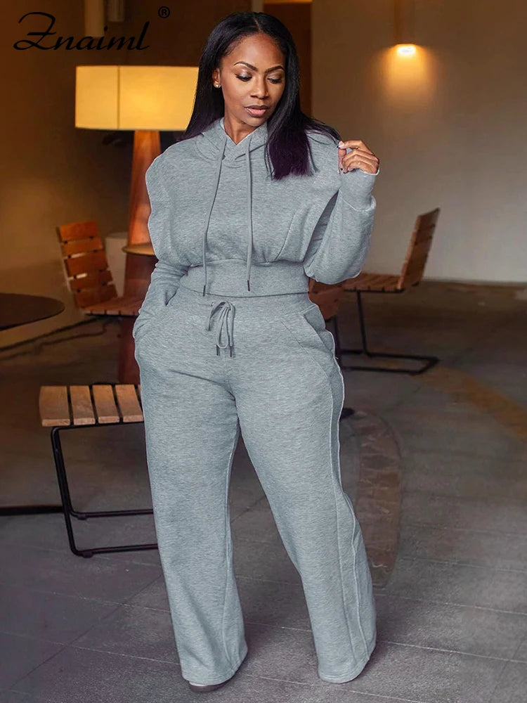 Znaiml Gray Outfit Women Sport Two 2 Piece Winter Sweatshirt Hoodies Tops and Wide Leg Pants Tracksuit Streetwear Sportsuit 2025