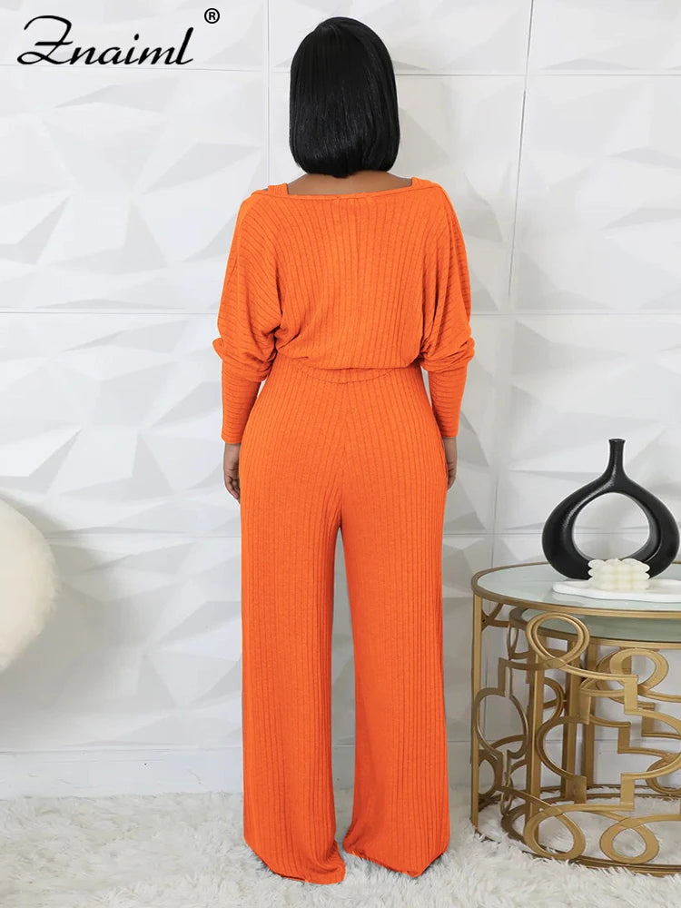 Znaiml Blue Knitted Ribber Wide Leg Pants Jumpsuits and Crop Coat Tops Two 2 Piece Women Sets Autumn Streetwear Birthday Outfits