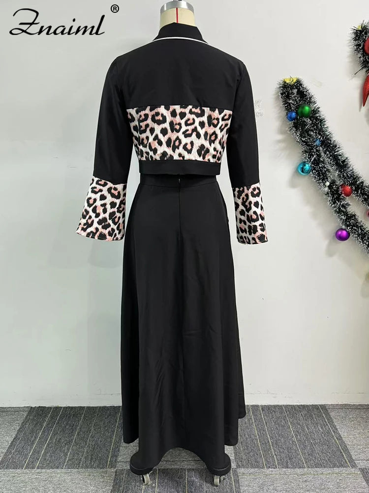 Znaiml Elegant Leopard Patchwork A-line Skirts and Crop Tops Flare Sleeve 2 Piece Sets Woman Birthday Festival Indie Folk Outfit