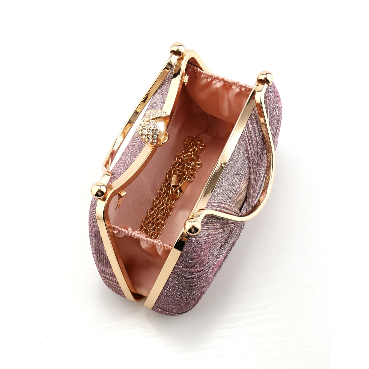 Bow Design Ruched Fashion Women Evening Bags Pink Color Sequined Glitter Metal Pearl Handbags Banquet Lady Wedding Bridal Purse