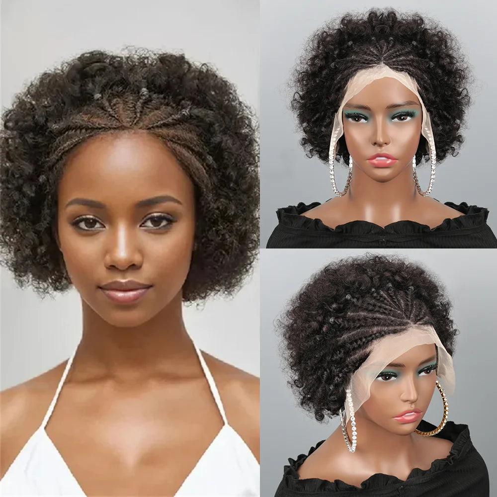 Afro Puff 13x4 Lace Frontal Human Hair With Pre Made Cornrow Braided Kinky Curly Wig With Baby HairHair Wig for Woman