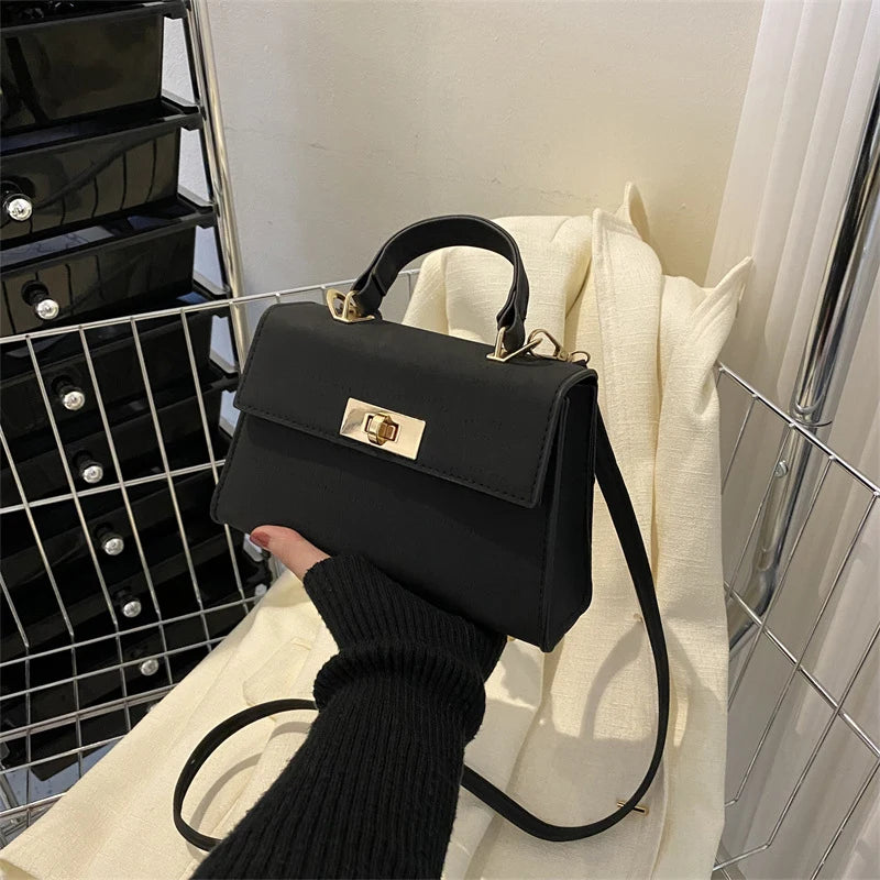 Luxury Fashion Small Square Bag Brand Design Advanced Leather Lock Simple Commuting Solid Color Texture Handbag Messenger Bag