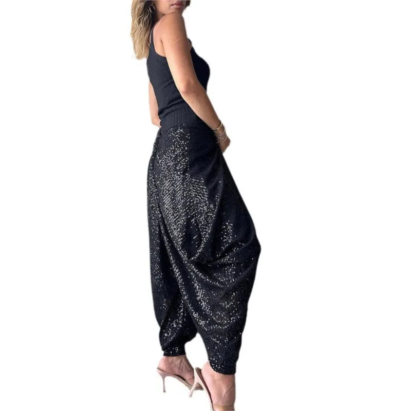 Women Elastic Waist Bloomers Spring Summer Sequins Patchwork Trousers Loungewear Fashion Solid Loose Ladies Streetwear