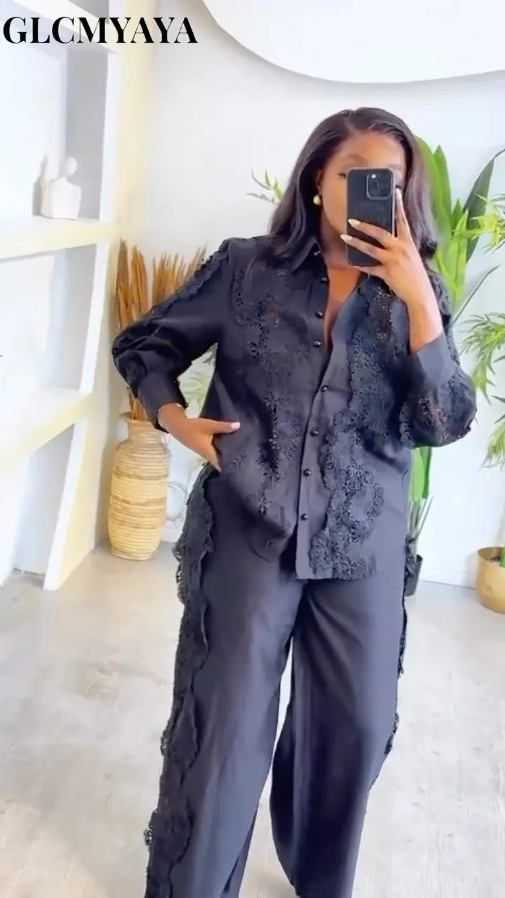 CM.YAYA Fashion Lace Embroidery Patchwork Women's Set Long Sleeve Shirt and Wide Leg Pants 2025 Vacation Two 2 Piece Sets Outfit
