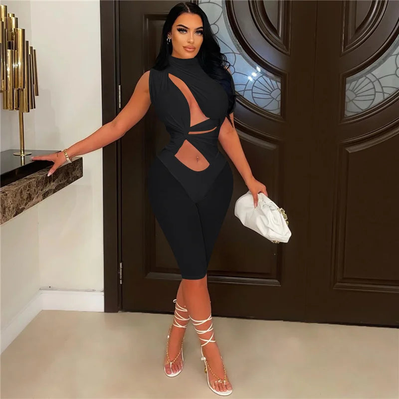 Sexy Mesh Patchwork See Through Skinny Playsuit Women One Shoulder Draped Hollow Out One Piece Rompers Party Club Jumpsuit Short