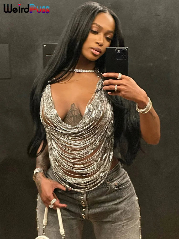 Weird Puss Multilayer Chain Women Crop Tops Halter Backless Low Chest Sexy Fashion Hot Girls Rave Party Nightclub Coquette Vest
