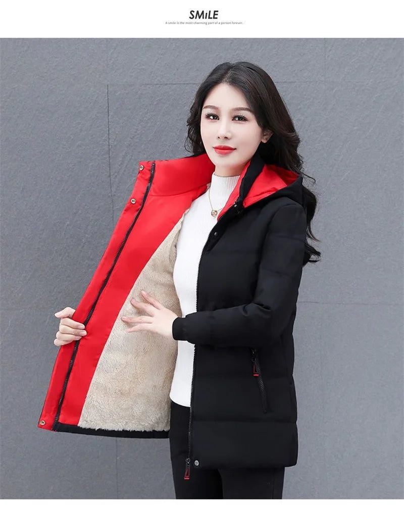 Detachable Hooded Parka Windproof jacket Female's winter jacket plush and Thickened High-End Women's Short Cotton Coat Patchwork