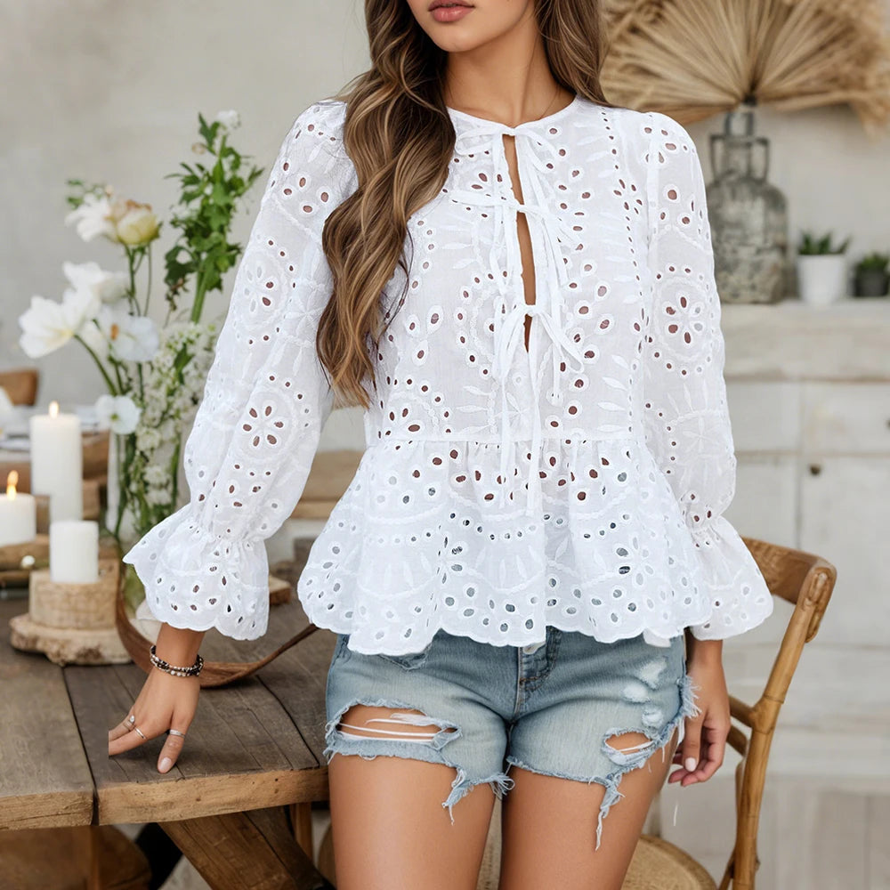 Women's Solid Boho Hollow Out Lace Up Lantern Sleeve Ruffle Blouse Autumn Ladies Casual Loose Holiday Vacation Tops Size S-2XL