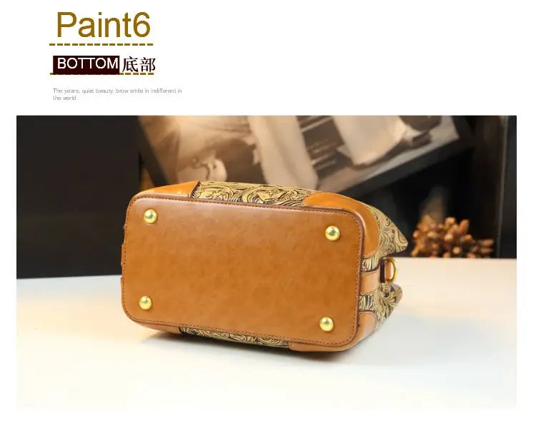 Retro Cowhine Carved Women Bag Handhold Bucket Leather Commuting Shoulder Underarm Crossbody Bags for Women