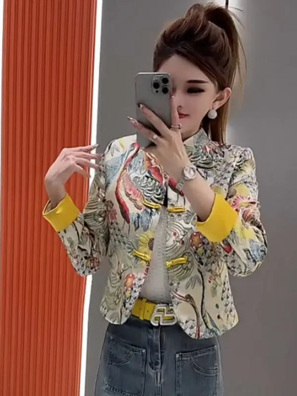Women Print Coat 2025 Spring New Retro Chinese Printed Splicing Plate Buckle Stand Collar Long Sleeve Short Jacket Women