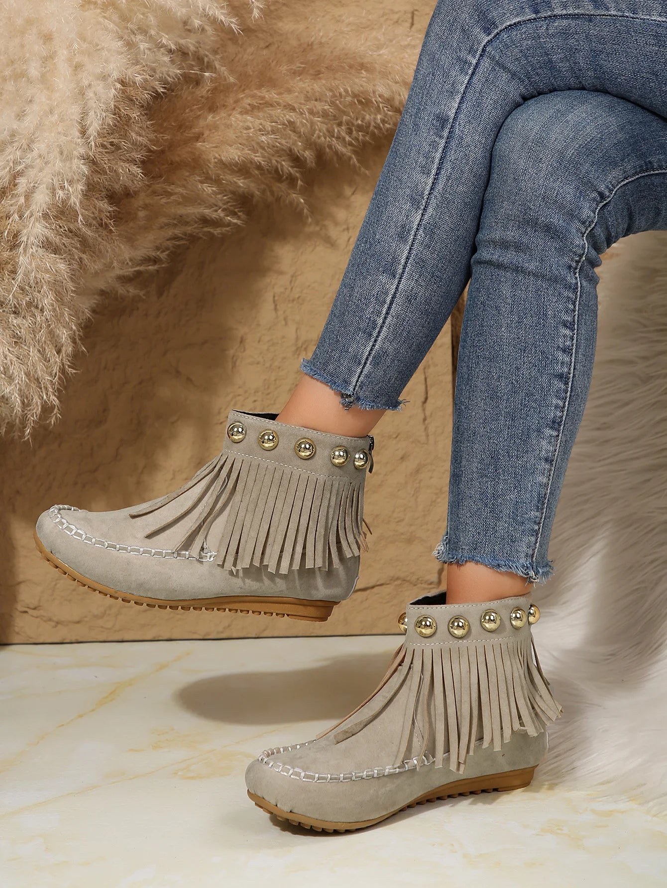 Women Boots Winter New Vintage Fringe Ankle Boots Women Side Zipper Casual Shoes Round Toe Ladies Snow Boots Zapatos De Mujer