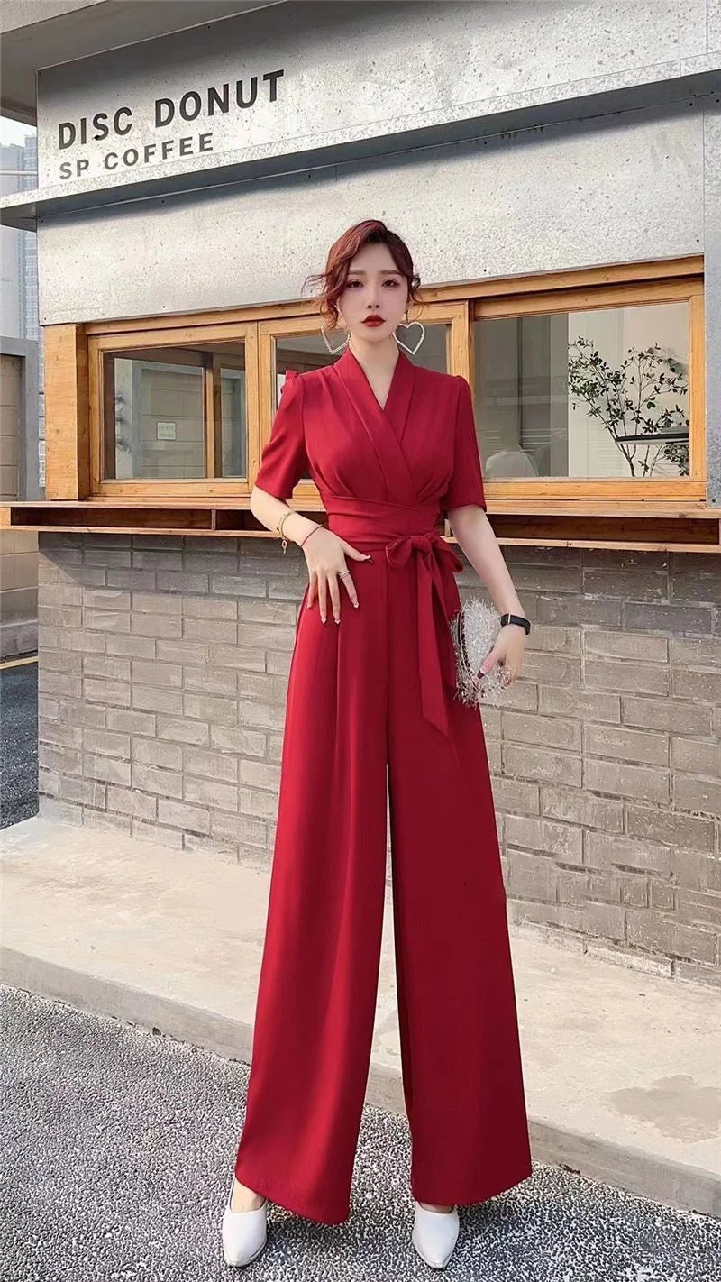 Jumpsuits Summer New High end Jumpsuit Women's Elegant Solid Color High Waist Slim Lace up Wide Leg Dropping Bodysuit Women Sets