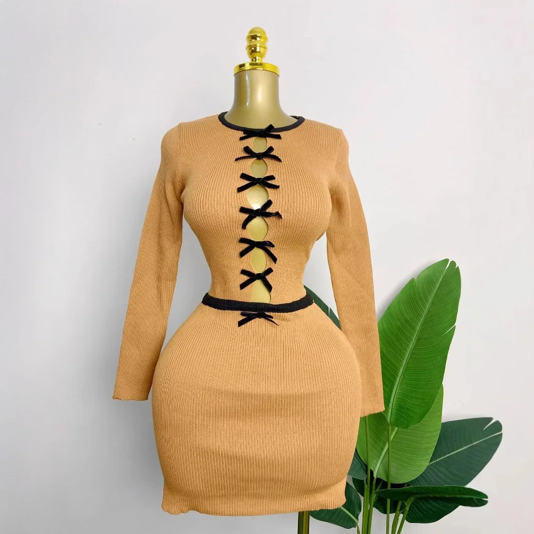 CM.YAYA Knit Ribbed Women's Set Long Sleeve Bowknot Tops and Mini Skirts 2025 Street Party Two 2 Piece Sets Outfits Tracksuits