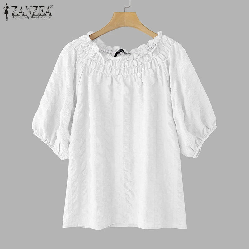 ZANZEA Women Blouse Summer Tops Solid Color Puff Sleeve2025 O Neck Tunic Female Shirts Loose Casual OL Work Blusas Oversized