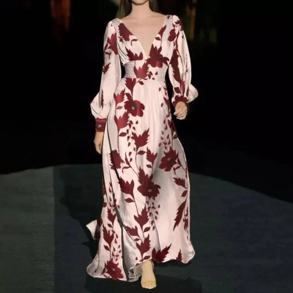 Printed Dress For Women V-neck Sexy High Waist Lantern Sleeve Ladies Fashionable Vestidos Autumn New Long Evening Dresses