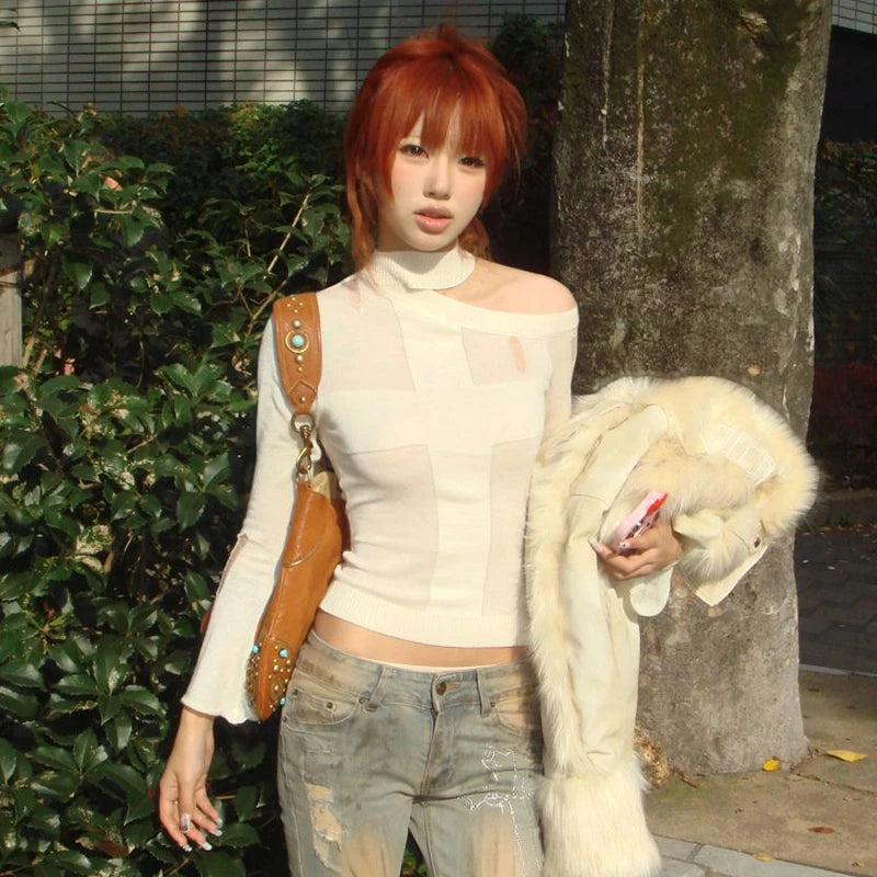 Karrram Japanese Y2k Knitted Tops 2000s Aesthetics Long Sleeve Knit T-shirt Vintage Harajuku Off Shoulder Knitwear Korean Style