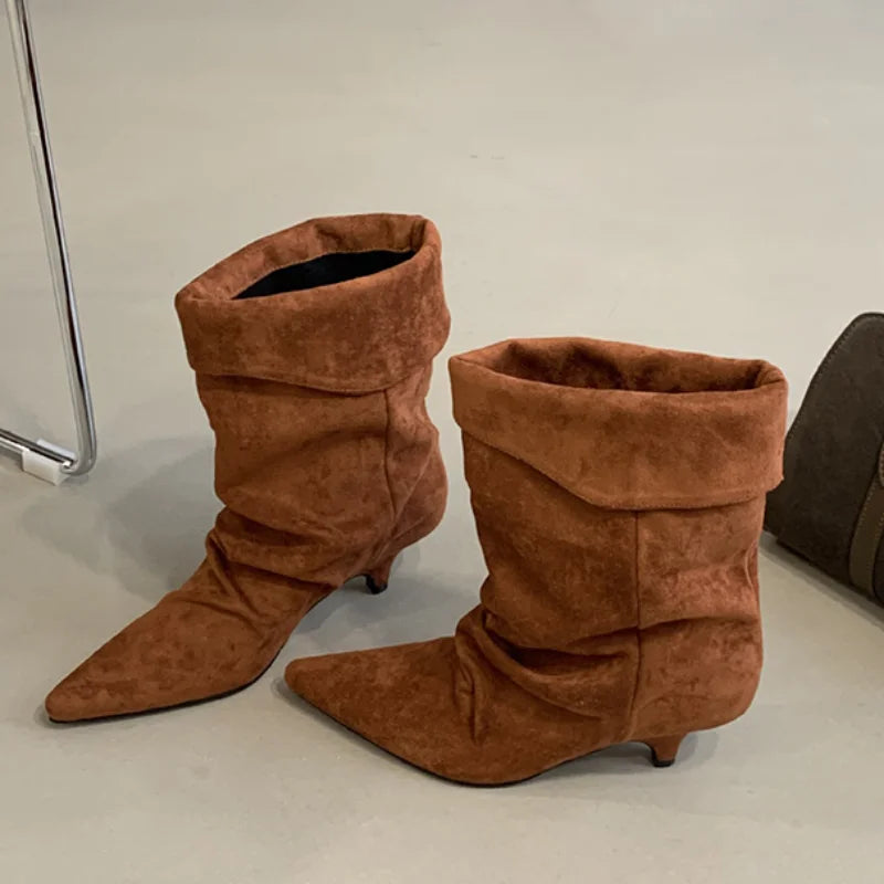 Women's Frosted Low-heeled Boots Fashion Retro Brand Short Boots Pointed Stiletto Boots Pleated Ankle Boot Folded Hem Short Boot