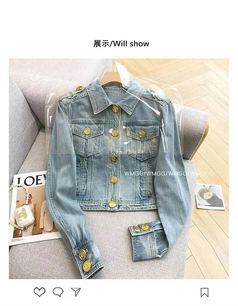 Short 2023 New Design Sense Heavy Industry Denim Coat Korean Wash Fashion Short Style Temperament Top Metal buckle Denim Jacket