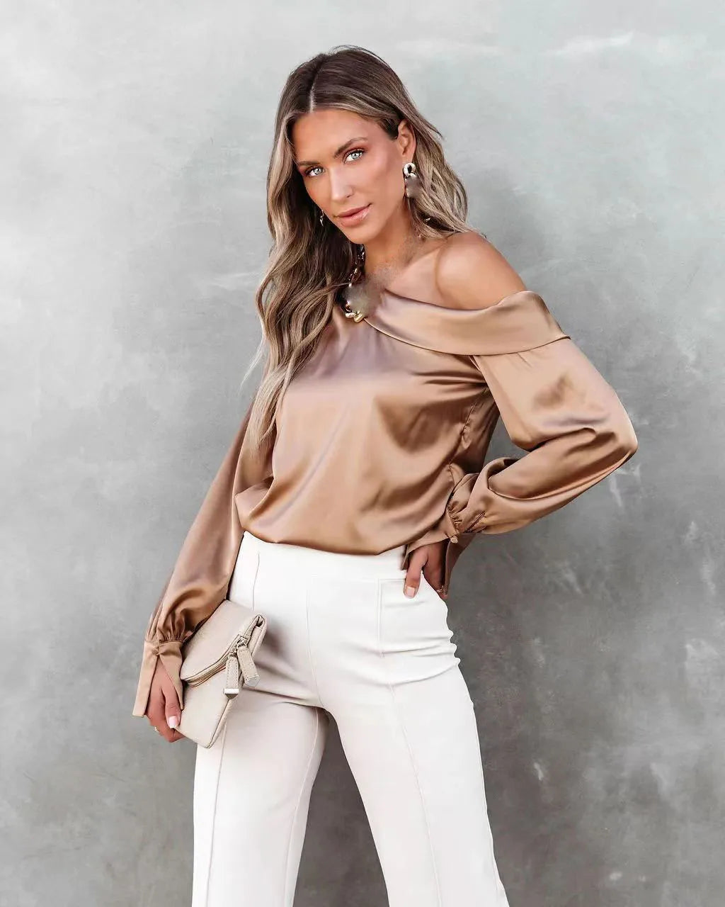Women Fashion Sexy Slash Neck Satin Blouse Solid Color Long Sleeve Off Shoulder Office Shirt Lady Casual Loose Blouse Tops