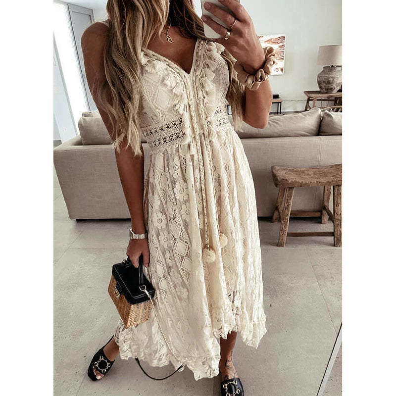 Lace White Sleeveless V Neck Flowy Ruffle Long Dress for Women