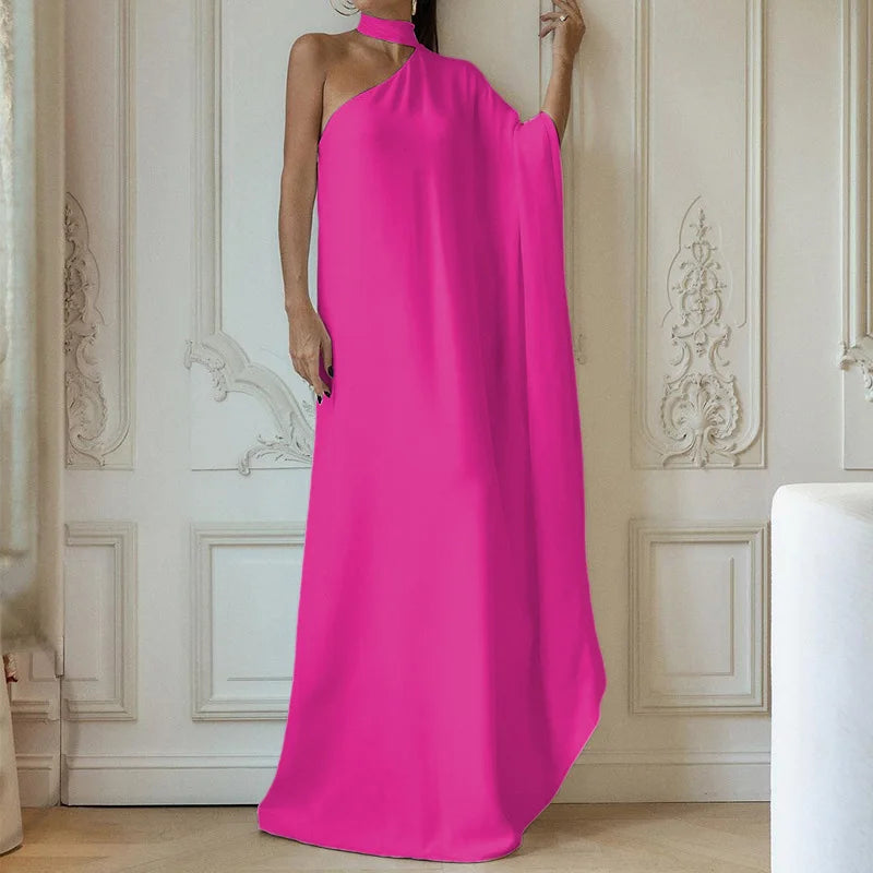 Elegant Halter One-Shoulder Loose Party Dress Lady Solid Color Temperament Banquet Maxi Dress 2023 Casual Women Fashion Vestido