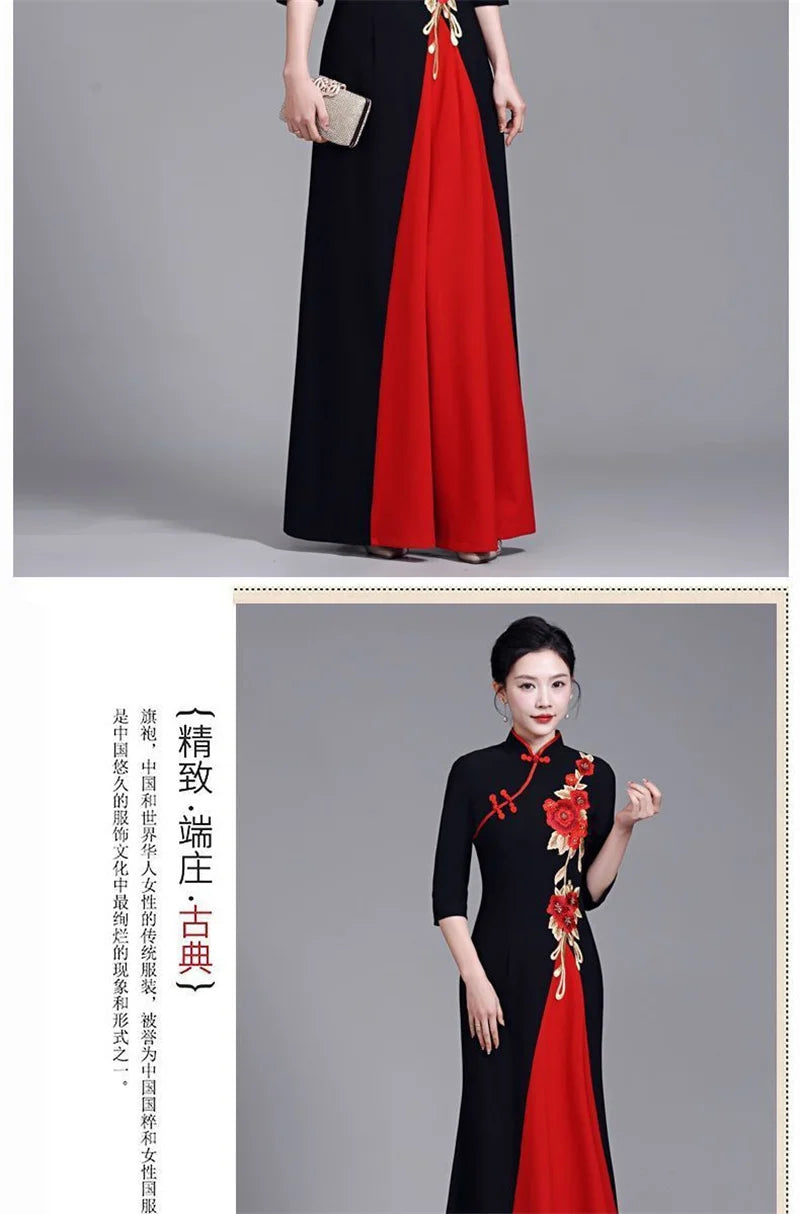 2025 Summer Women New Middle aged Elderly Dress Improved High end Non Ironing Show Elegant Slim And Long Embroide Red Dress 6XL