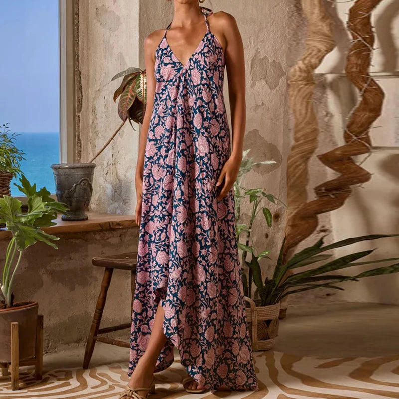 Fashion Hollow Out Backless Party Dress Bohemian Sleeveless Suspender Sexy Dress Vintage Floral Print Halter Women's Long Dress