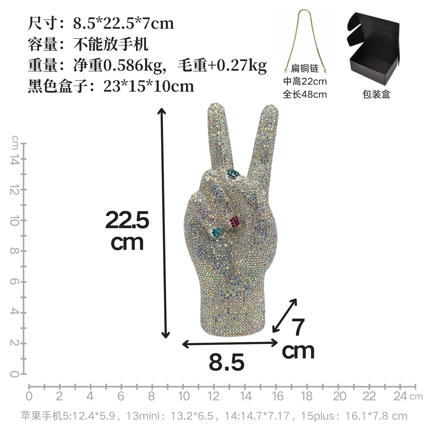 XIYUAN Victory Hand Crystals Evening Bags Women Rhinestones Purses Metallic Clutch Purse Lady Fashion Handbags Wedding Party Bag