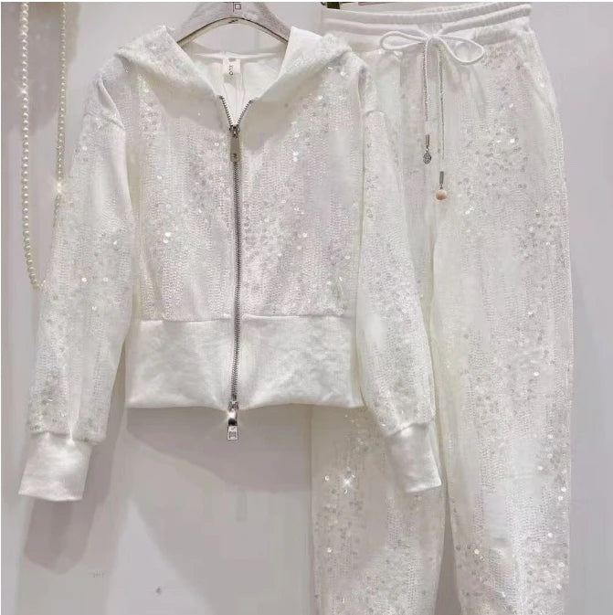 Fashion Velvet Casual Suit Winter Clothes New Sweet Sequins Hooded Fur Collar Sweatshirt Wide Leg Pants Ladies Two-Piece Set