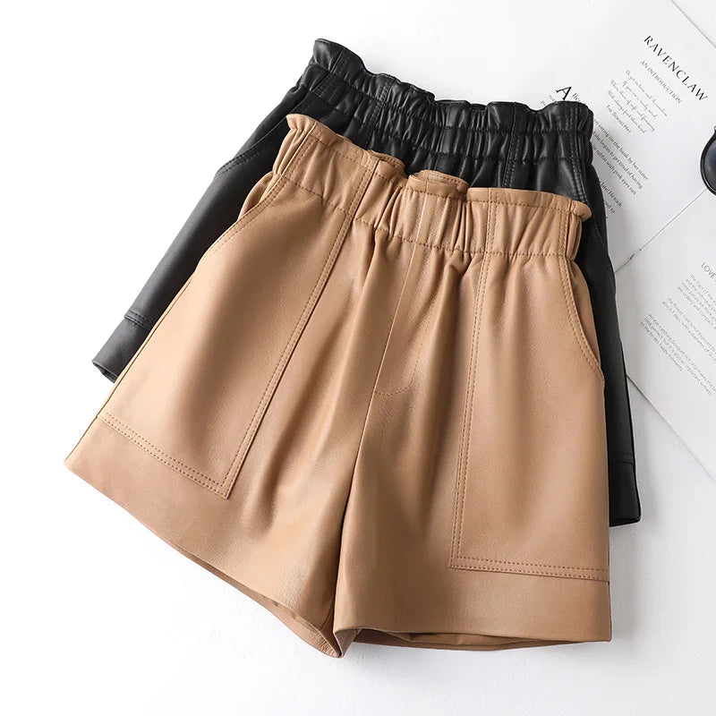 Genien Leather Shorts For Women 2025 New Fashion Elestic High Waist Short Pants Female Streetwear Shorts Casual Style