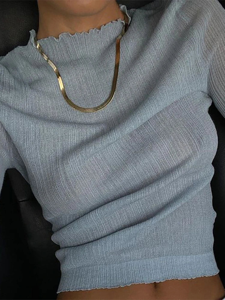 Cryptographic 2025 Fall Elegant See Through Long Sleeve Mock Neck Women Tops Fashion Streetwear Sexy T-Shirts Tees Slim Clothes