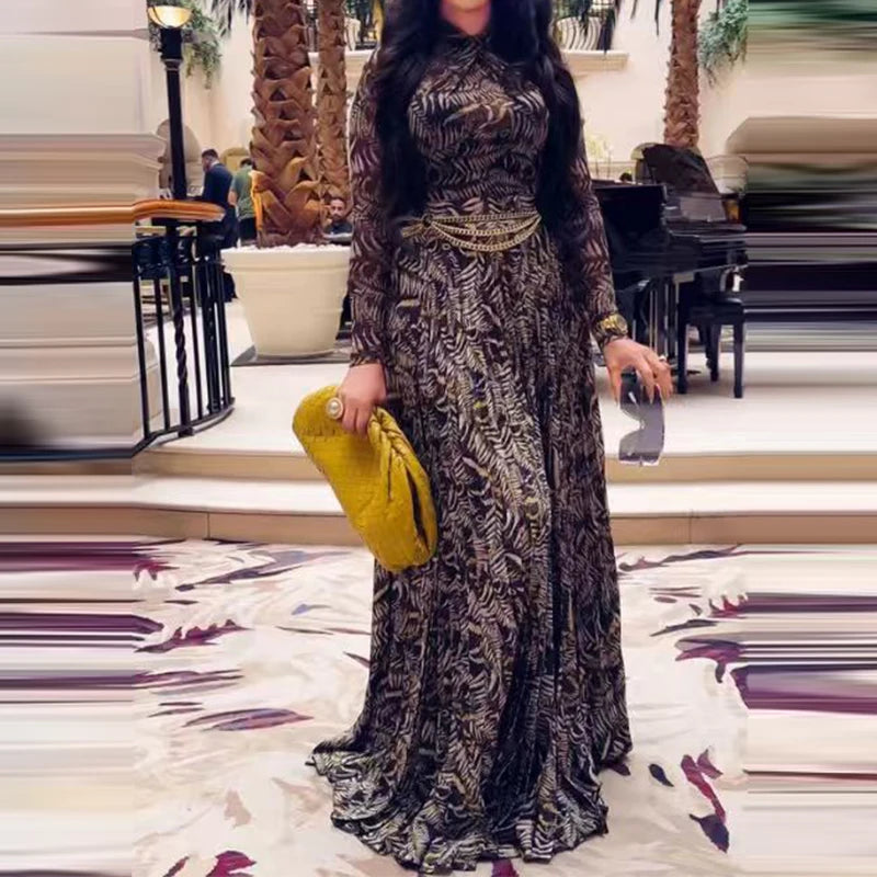 Elegant Vintage Printed Long Sleeve Maxi Dress for Women