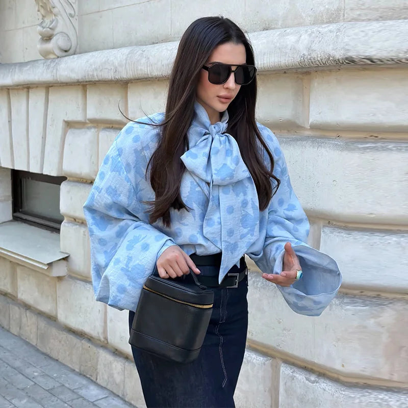 Elegant Printed Long Sleeve Lace Up Collar Blouse for Women