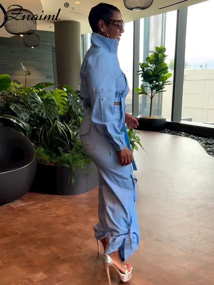 Znaiml Safari Style Streetwear Women Two 2 Piece Set Long Sleeve Zip Bandage Top and Multi-pockets Cargo Pants Matching Outfits