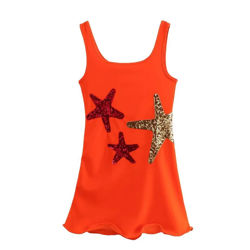 Sea Star Embroidered Knitted Women's Mini Dress Casual O Neck Sleeveless Holiday Dress 2025 Summer Vacation Sexy Slim Robe Dress