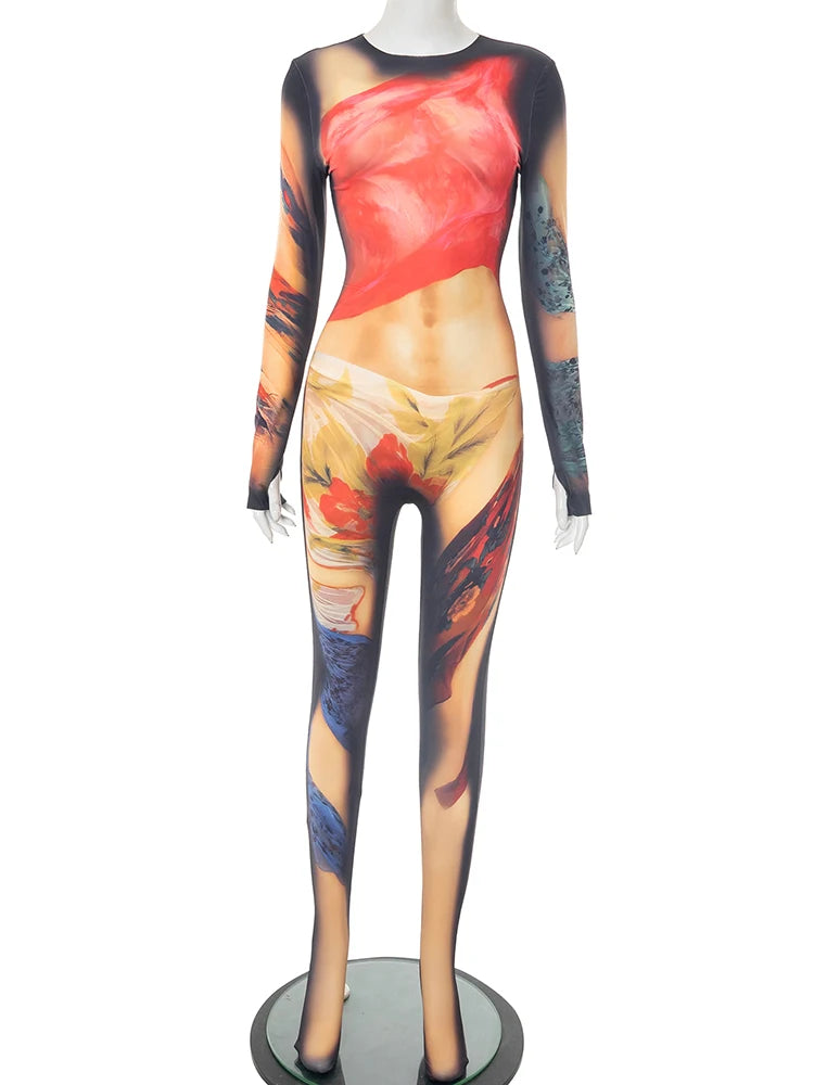 Weird Puss Colorful Print Jumpsuit Women Sexy o-Neck Full Sleeve Skinny Peach Hip Hot Girls Street Fashion Wild Style Overalls