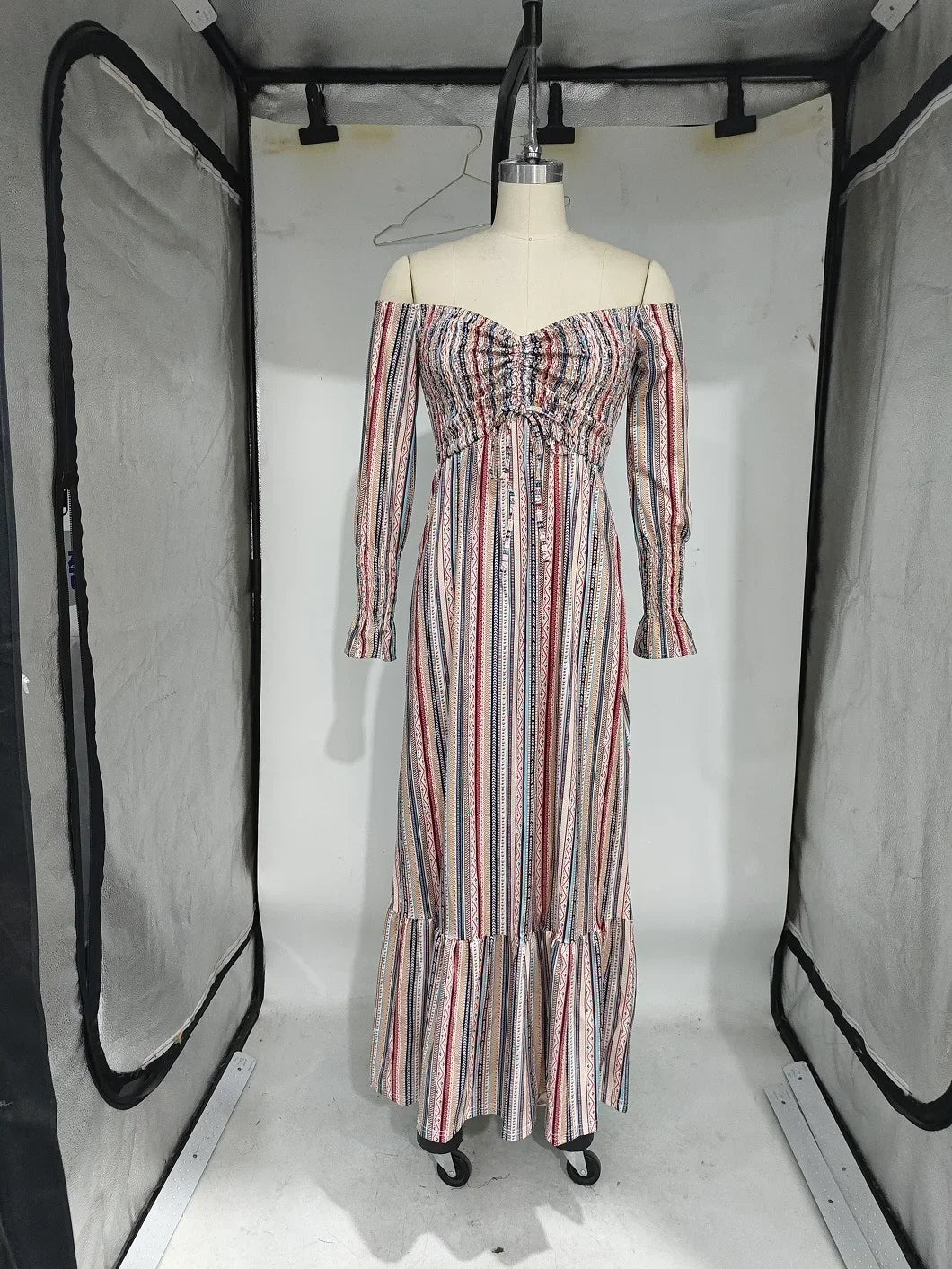 Women Striped Print Drawstring Full Sleeve Slash Neck Pleated Long Dress Fall Beach Party Prom Evening Dresses Vestidos