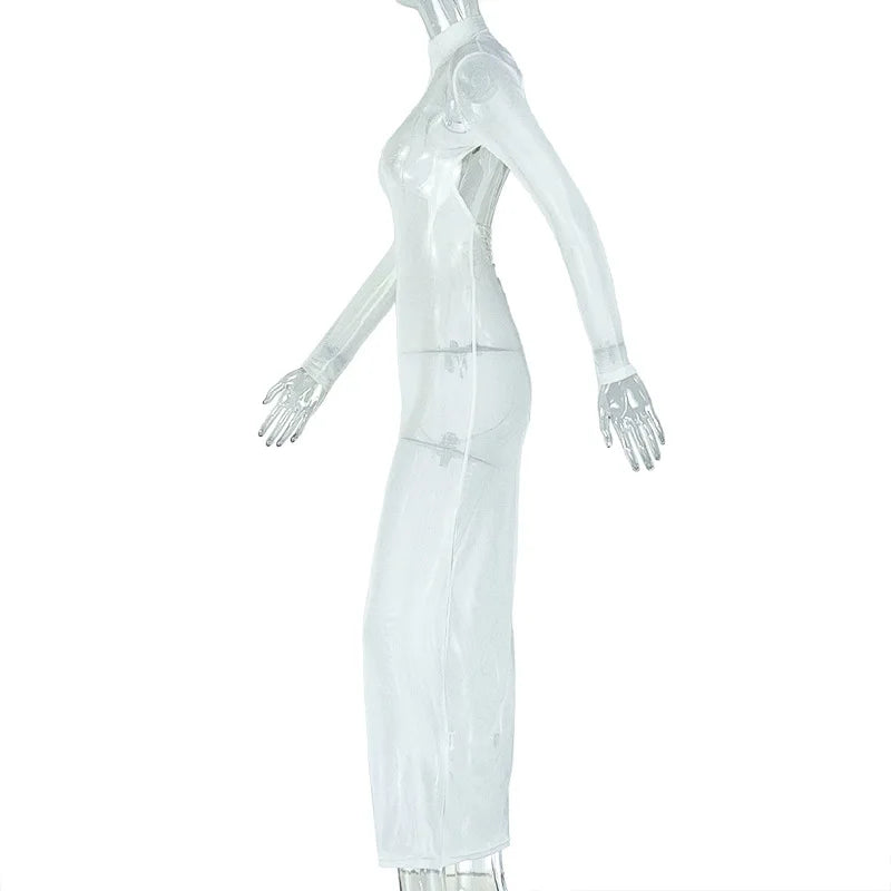 CM.YAYA Women Full Sleeve Mesh See Through Maxi Long Dress 2025 Summer Backless Night Party Birthday Evening Dresses Vestidos