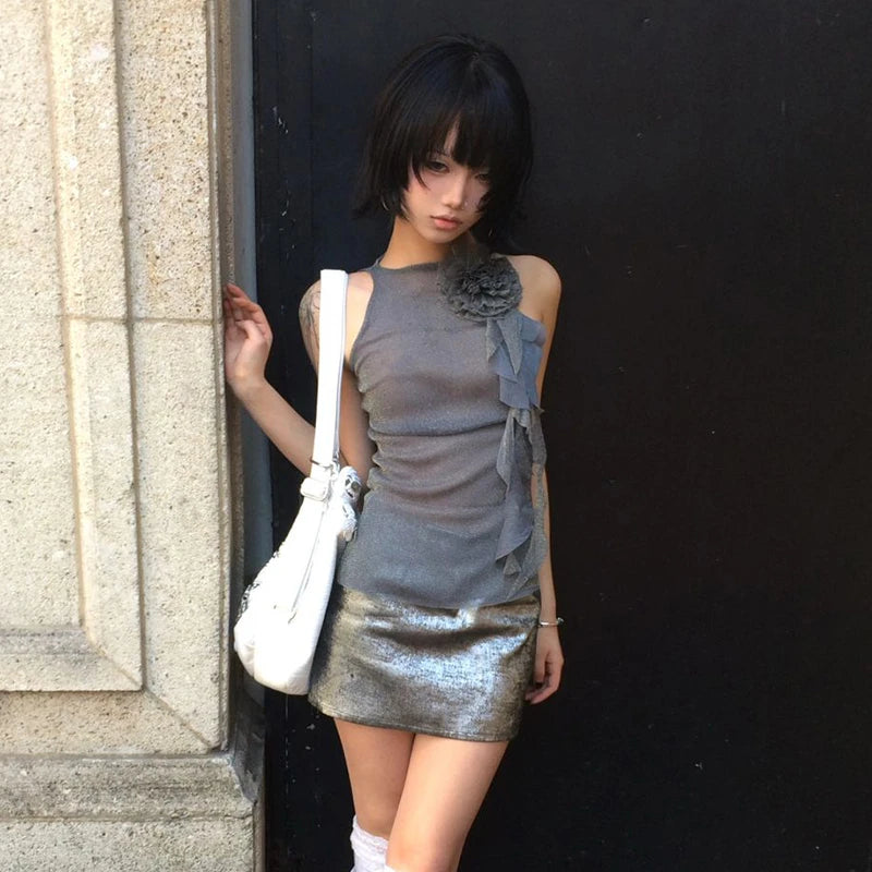 Karrram Japanese Y2k Mesh Tank Top Trashy 2000s Style Sleeveless Tops Vintage Harajuku Flower Irregular Tanktop Fairy Aesthetics