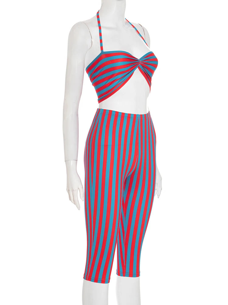 Weird Puss Sexy Stripe Patchwork 2-Piece Set Women Halter Chest Wrapped Camisole+Skinny Mid Pants Matching Hottie Beach Outfits