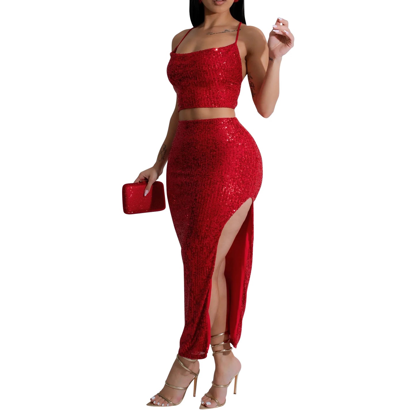 CM.YAYA Women Strapless Sleeveless Sequined Top + Long Skirt Suit 2025 Street Sexy Party Matching Two 2 Piece Dress Sets Outfit