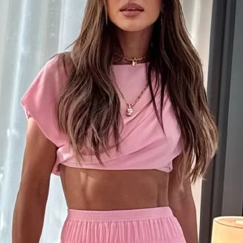 Female Casual O Neck Short Sleeved Top and Long Skirt Suit Fashion Pleated Party Outfits Pink Hollow Crop Holiday Two Piece Set