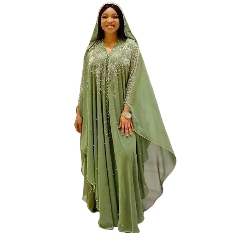 New Style Embroidered Beaded Diamond Stitching Muslim Dress African Large Size Women's Clothing Hooded Long Gown