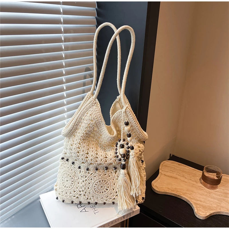 Hollow Crochet Women Bags Bohemian Large Capacity Handbags Korean Popular Bag New Tassel Cotton Shopping Bag Shoulder Bag Women
